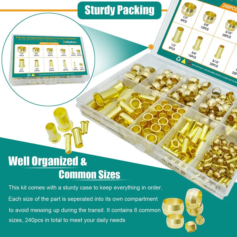 Dekiphox 240PCS Brass Compression Sleeves Ferrules Inserts, 6 Sizes 1/2" 3/8" 5/16" 1/4" 3/16" 1/8" Tube OD Compression Fittings Assortment Kit for Air Water Fuel Oil and Inert Gases Line Connection - Image 4